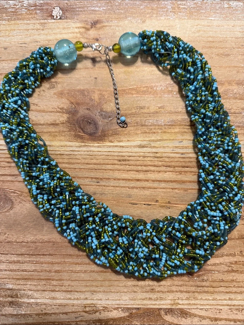 Vintage Native American Style Turquoise Blue Green Braided Seed Beaded Necklace